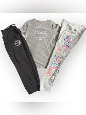 Victoria’s Secret PINK Rainbow Tie-Dye Logo 3pc Set Gray L
